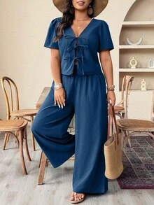 EMERY ROSE Plus Size Summer Solid Color Front Tie Backless Top And Pants 2 Pieces Set Women Vacation Outfit Sets Pant Suit Summer Sets - Teal Blue - View 3