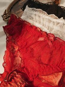 Seduluxe 3pcs/Set Plus Size Women's Fashion Ruffle Trim Bow Decor Lace Panties - Multicolor - View 3