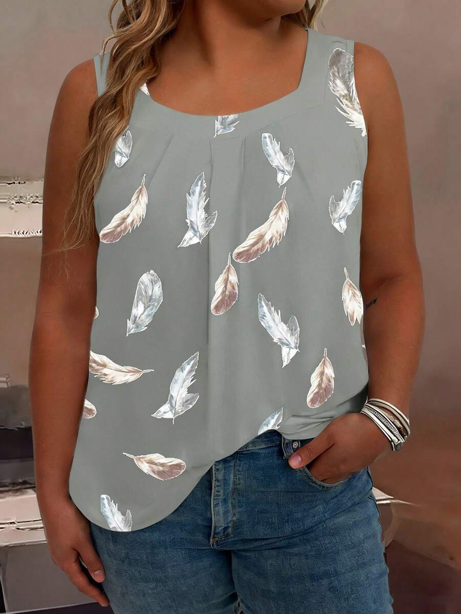 大码女式羽毛印花圆领褶皱宽松背心，夏季图案T恤，女式上衣 - 彩色 - 查看 1