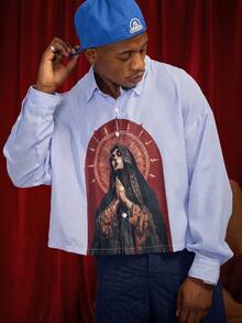 PAVTROS 加大码男士休闲长袖条纹宽松衬衫，街头风，复古风 - 藍白色 - 查看 3