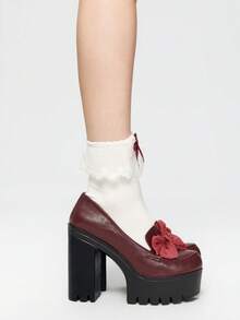 ROMWE Kawaii 女士性感派对及工作场合穿着的厚底粗跟高跟鞋，时尚春秋季鞋款，饰有水钻和蕾丝蝴蝶装饰，闭趾高跟玛丽珍鞋。 - 酒紅色 - 查看 4