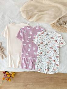 6件套女童卡通动物印花休闲短袖上衣和短裤睡衣套装 - 彩色 - 查看 2