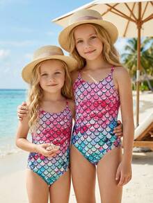SHEIN Tween Girl Mermaid Scale Print One-Piece Swimsuit, Suitable For Pool, Summer Beach And Surfing - Multicolor - View 8