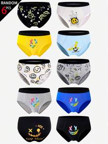 6pcs/Pack Teenage Boys' Minimalist Fashion Retro Cotton Colorful Smiling Face Print Comfortable Soft Assorted Color & Pattern Briefs - Multicolor - View 1