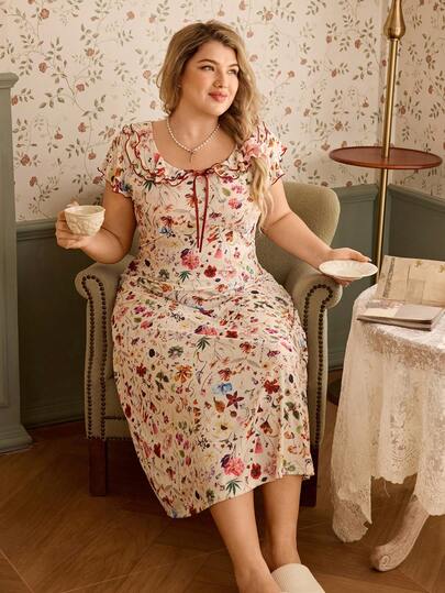 SHEIN Plus Size Women's Colorful Floral Digital Print Round Neck Double Layer Ruffle Trim Bow Tie Soft & Comfortable Rib Knit Fabric Flutter Sleeve Midi Dress, Casual Countryside Style Can Be Worn As Sleepwear
