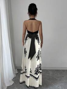 Rafferiza 女士夏季法式度假风黑色拼接露背蝴蝶结吊带长款印花休闲连衣裙 - 杏色 - 查看 2