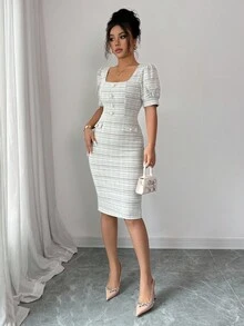 Elenzga Gaun Bodycon Elegan dan Romantis dengan Detail Kerutan di Pinggang, Lengan Mengembang, dan Leher Persegi untuk Wanita - Kopi - View 4