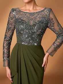 Serin Elegant Luxurious Pearl Sequin Embroidered Chiffon Ruffle Mermaid Hem Dress With Sheer Sleeves, Suitable For Wedding, Party, Holiday, Bridal, Mother Of The Bride Evening Gown - Army Green - View 9