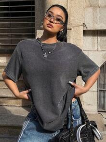 Muchica 大码宽松圆领舒适T恤，适合户外、通勤、约会和日常穿着，春夏款 - 灰色 - 查看 3