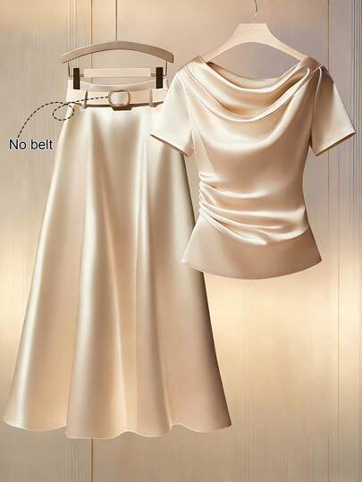 Franclia Women's French-Style Exquisite Elegance, Champagne-Colored Woven Fabric, High-Quality Satin Satin Material, Cowl Neck Short Sleeves, Pleated Waist Design, A-Line Skirt For Romantic Dates, Or For Work Commutes. Women's Tops, Women's Skirts, Elegant Women's Tops, Elegant Women's Two-Piece Sets, Women's Summer Two-Piece Sets, Summer Tops, Summer Skirts, New Summer Women's Two-Piece Sets.Graduation Season Attire, Fashionable Casual Commuter Wear, Business Office Wear, Versatile And Stylish Everyday Casual Wear, Urban Teacher's Professional Attire