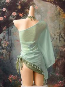 EgrlEra 女士仿钩编露肩不对称下摆流苏连衣裙 - 薄荷綠 - 查看 2