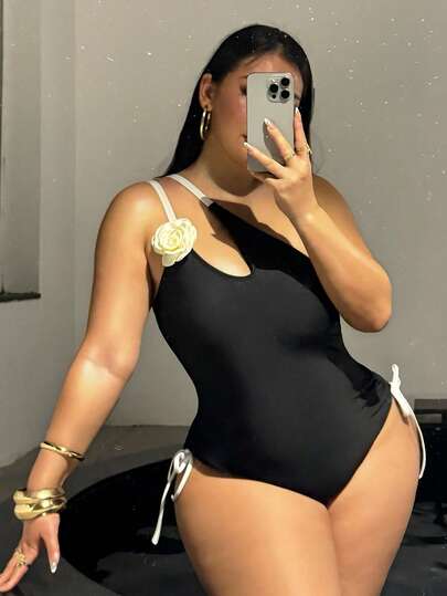 Swim SXY 2026 New Summer Beach Vacation Sexy One-Piece Swimsuit, Featuring Colorblock, Drawstring, Ruffle Detail, And 3D Floral Decor