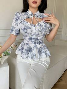 Celisse Women's Elegant All-Over Print Hollow Out Short Sleeve Blouse, Summer - Blue - View 7