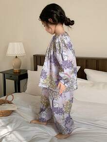 DAZY Young Girl Round Neck Ruffle Rabbit & Floral Print Lantern Sleeve Top And Wide Leg Drawstring Pants Casual Loungewear Pajama Set Spring - Purple - View 2