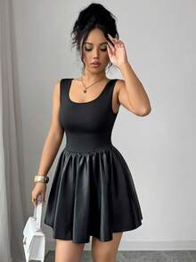 Elenzga 夏季新款黑色法式优雅修身方领无袖系带泡泡下摆高端设计女式紧身连衣裙 - 黑色 - 查看 6