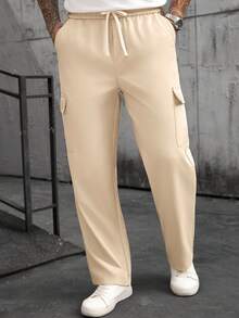 Manfinity CasualCool Mature Style Straight-Leg Men's Pants, Men's Wide-Leg Pants, Khaki Cargo Pants, Suitable For Home, Office, Friends, Matching, Loose Fit, Men - Khaki - View 1