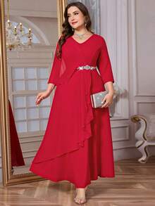 Reflora 大码女式V领腰部水钻装饰荷叶边下摆优雅收腰派对连衣裙 - 紅色 - 查看 5