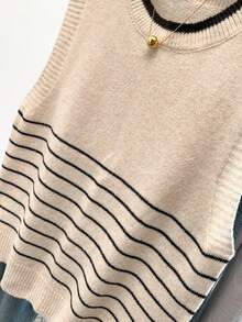 GlowEve CURVE Women's Elegant Sleeveless Striped Loose Knit Tank Top, Slimming Plus Size Sweater Vest, Casual Outerwear For Spring/Summer - Apricot - View 4