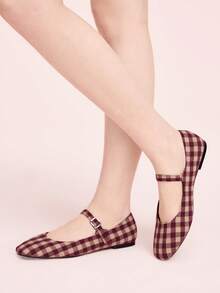 CUCCOO DOLLMOD Sepatu Flat Wanita Ujung Bulat Nyaman dengan Pita Merah Muda Modis dan Elegan, Sepatu Musim Semi, Liburan Musim Semi, Paskah, Hari Valentine - Grid ganda merah dan putih - View 5