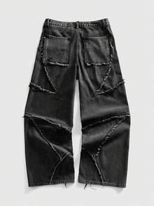 ROMWE MEN 男士字母印花拼接毛边口袋阔腿宽松休闲牛仔裤 - 黑色 - 查看 2