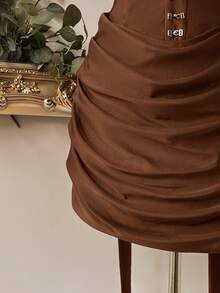 Lovelzi 优雅法式棕色针织甜心领金属扣腰褶裥拉链半身裙，适合多种场合——女士派对礼服、网红连衣裙 - 咖啡棕 - 查看 7