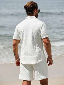 Ventusail 2 件套男士夏季休闲纯色纹理衬衫和短裤套装 - 白色 - 查看 3