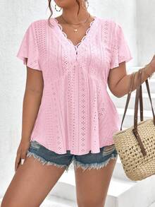 SHEIN Frenchy Plus Ruffle Trim Contrast Lace Butterfly Sleeve Doll Tee - Dusty Pink - View 1