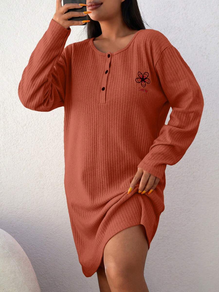 SHEIN Cottnline 100%Cotton Plus Letter Embroidery Half Button Nightdress - Rust Brown - View 1