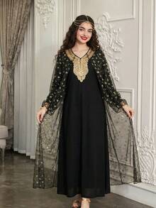 Conjunto de vestido y chaqueta tradicional para adolescentes con diseño floral negro y dorado, chaqueta de malla con lazo y estilo árabe - Negro - Ver 3