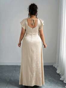 Elenzga 大码女式方领荷叶袖开衩长裙，绿色提花亮面面料，通勤、日常、伴娘、舞会、毕业典礼、休闲外出等场合皆宜，舒适时尚。 - 香檳色 - 查看 2