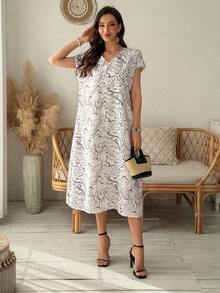 Vivie Lora Women's V-Neck Loose Fit Mid-Length Dress - Grey - View 4