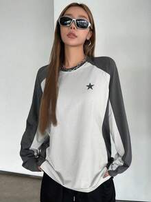 DAZY 星星印花撞色插肩袖 T 恤 Y2k，秋季服装长袖女式上衣 - 白色 - 查看 3