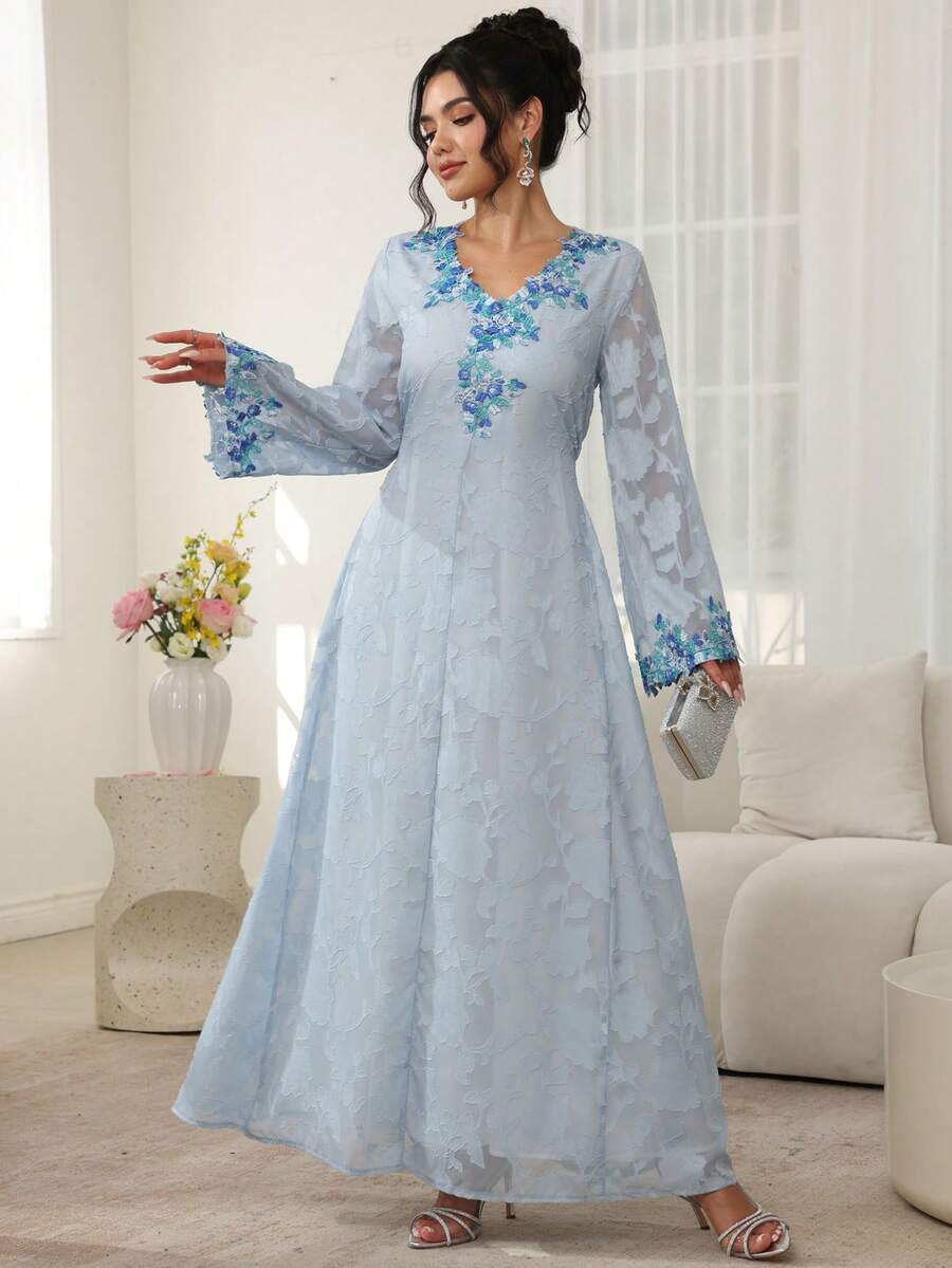 Al Najma 粉色长袖V领刺绣花卉边饰优雅喇叭裙摆女式连衣裙 - 藍色 - 查看 1