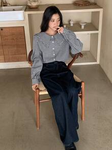 DAZY 少女格子长袖单排扣宽松可爱衬衫 - 黑色 - 查看 5