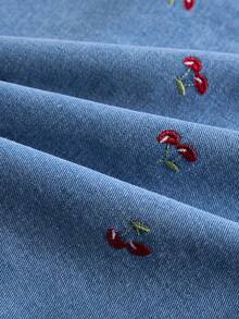 SHEIN MOD 女士夏季休闲度假情人节约会樱桃刺绣结水手领短袖牛仔连衣裙 - 藍色 - 查看 4