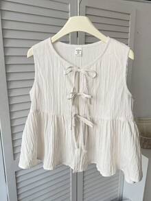 SHEIN 少女休闲日常度假纹理蝴蝶结露脐上衣，米白色镂空上衣，少女夏季上衣，少女夏季衬衫 - 杏色 - 查看 3