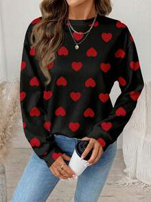 SHEIN LUNE Casual Vintage Elegant Commute Versatile Warm Valentine's Day Couple Outfit Red & White Small Heart Print Pattern, Comfortable Loose Fit Crew Neck Long Sleeve Sweatshirt For Women, Suitable For Autumn/Winter - Multicolor - View 6