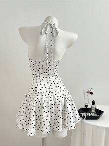 Elamini Women's Summer Pure White Polka Dot Fitted V-Neck Mini Dress With 3D Floral Decor - White - View 2