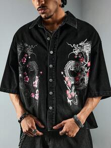 ROMWE MEN Street Life 男士前开襟时尚夏季百搭衬衫，花卉龙纹印花牛仔上衣 - 黑色 - 查看 2