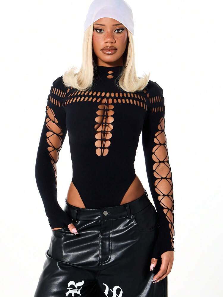 SUMWON Long Sleeve High Neck Cutout Bodysuit With Lace Up Arms And Chest Details
