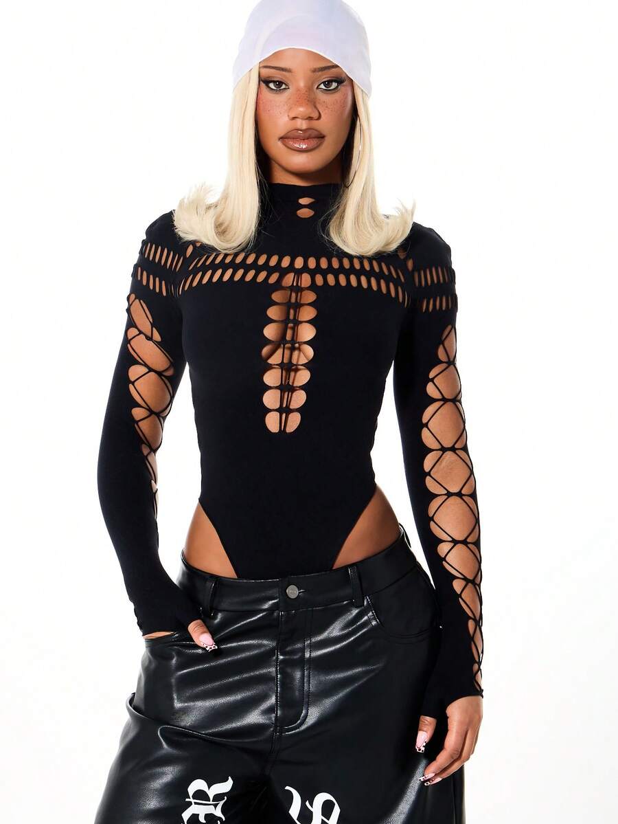 SUMWON WOMEN Long Sleeve High Neck Cutout Bodysuit With Lace Up Arms And Chest Details - Black - View 1