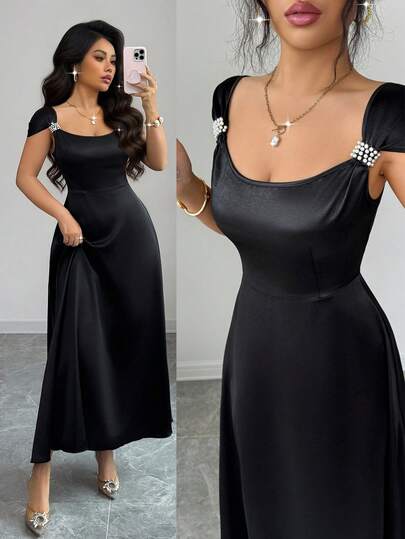 Rafferiza Women's Elegant Delicate Romantic Outdoor Date Outfit Pearl Decor Waist A-Line Long Black Dress, Spring/Summer