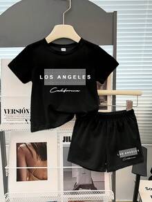 SHEIN 2件套男婴休闲时尚字母及洛杉矶加州图案印花黑色短袖T恤和短裤套装，适合夏季外出穿着 - 黑色 - 查看 3