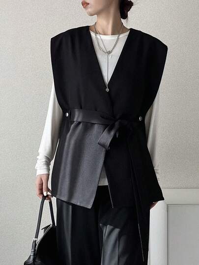 FRIFUL Women's Solid Color V-Neck Belted Loose Casual Versatile Spring Blazer