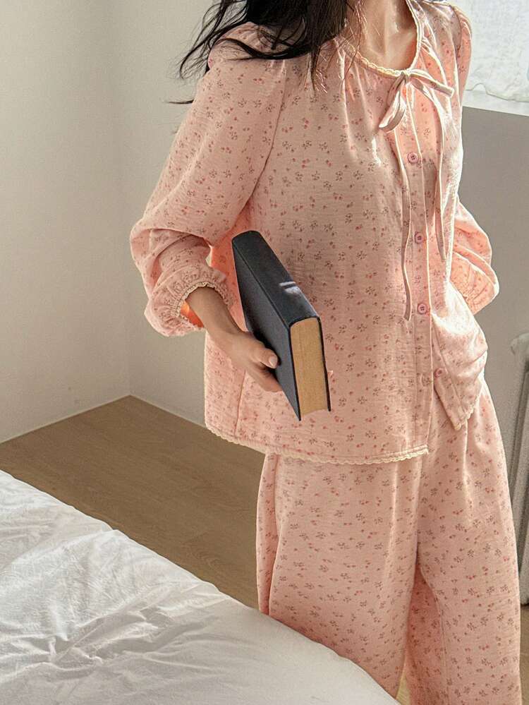Sweet Ditsy Floral Tie Collar Women Pajama Set