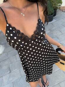 SHEIN EZwear 黑色波点吊带迷你连衣裙 - 黑色 - 查看 7