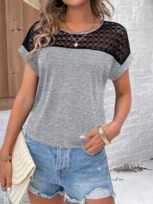 SHEIN LUNE 女士撞色圆领休闲百搭日常短袖T恤 - 灰色 - 查看 6