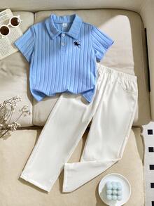 2pcs Young BoyCasual Set, Blue Polo Collar Short Sleeve T-Shirt With Embroidered Knight Design, Paired With Loose Khaki Pants - Blue - View 1