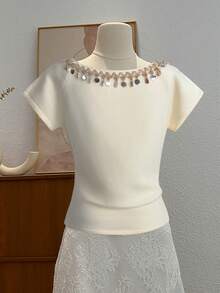 Franclia French Bohemian Style Women Short Sleeve Knit Top - White - View 2