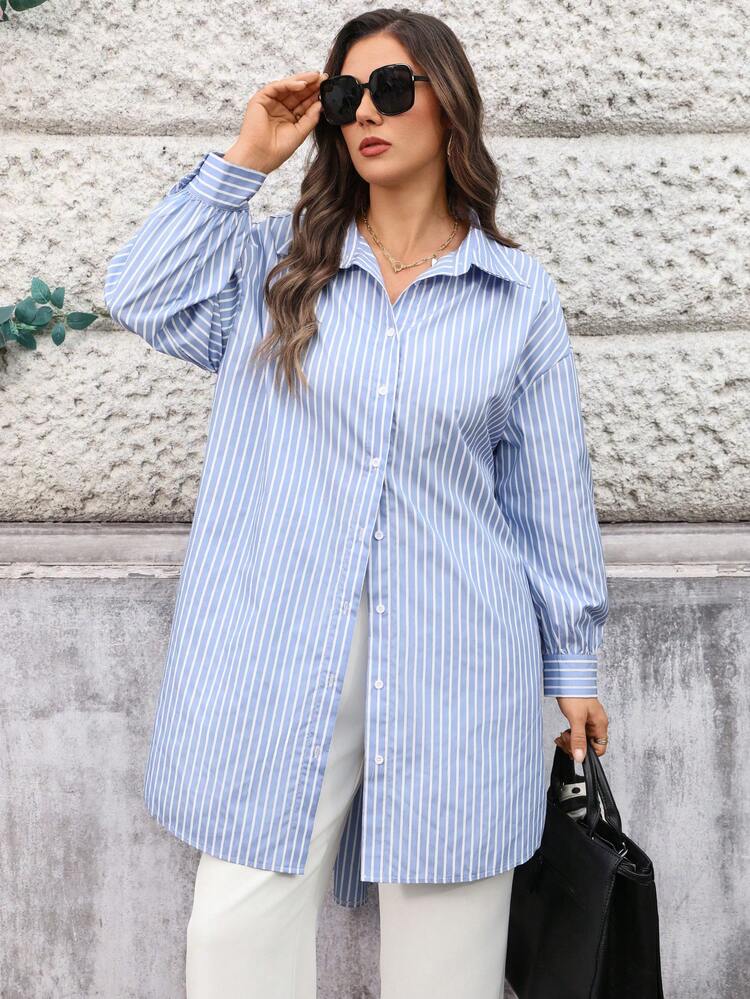 Plus Size Casual Everyday Striped Front Button Down Shirt, Autumn For Summer/ Vacation Long Blouses Blue And White Shirt Blue Striped Shirt Oversize Shirt For Women Summer For Women Beach Holidays Going Out Top Women Oversized Shirt Long Shirts For Women